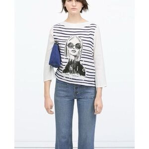 Zara Top Long Sleeve Shirt Boat Neck Top Striped Top Women L White Black Chic